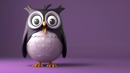 Obraz premium Cute cartoon owl is excited and frightened isolated on purple background. 3D illustration.