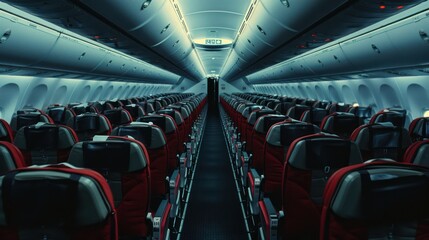 Fototapeta premium Cabin aisle where airplane passengers seat is empty without people. Public transportation background.