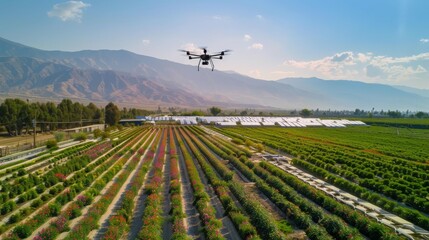 Above a smart farm, automated irrigation systems operate alongside drones in flight and solar panels, overlooking extensive fields of diverse crops and a distant mountain range.