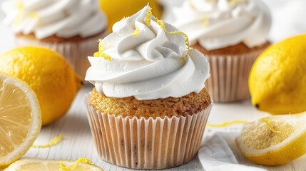 Tasty delicious lemon cream cupcake with lemon zest on light background
