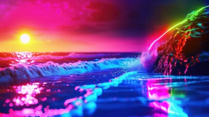 Creating a surreal and captivating coastal scene, a vibrant neon-colored sunset hangs over a tropical beach with waves crashing against rocky cliffs