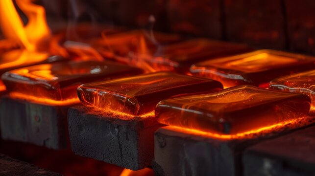 Intricate ceramic tile surfaces showcased in close-up image of kiln firing process, capturing incandescent heat.