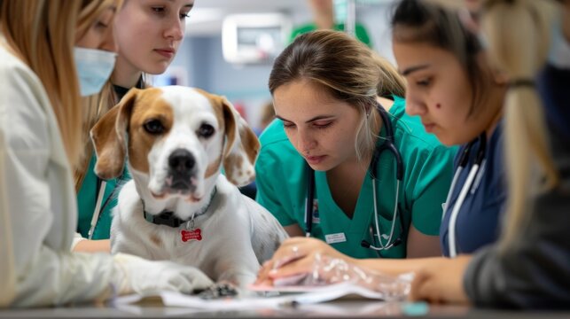 Group of attentive veterinary students observing a close-up demonstration of canine examination in a well-lit clinical environment.