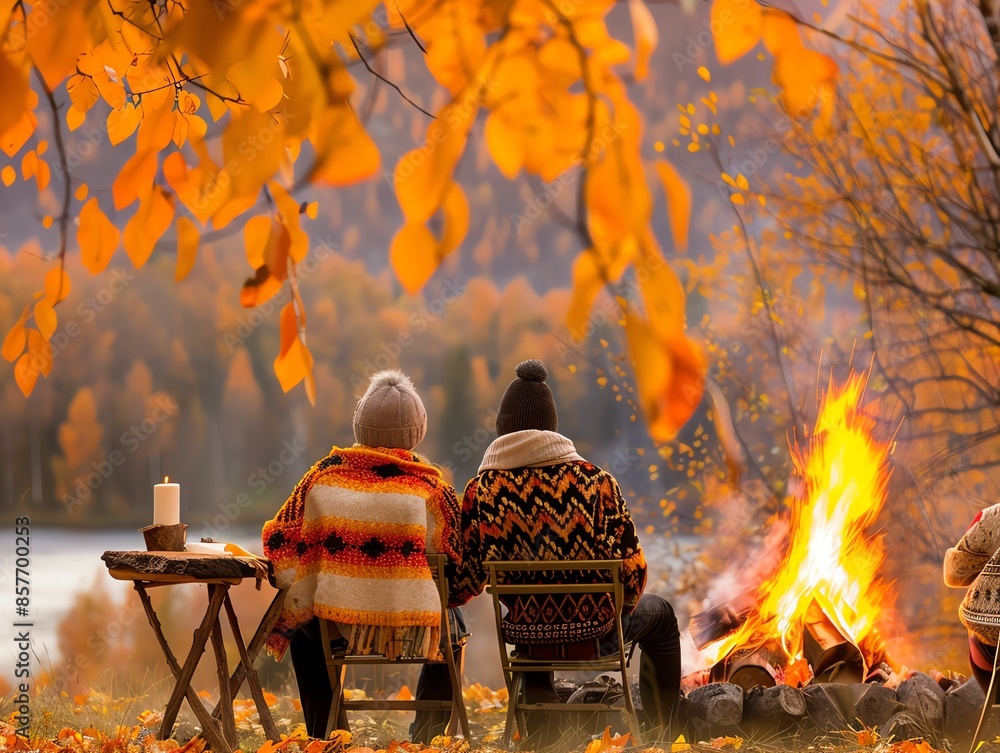 Wall mural a couple wearing warm sweaters and blankets sits by a campfire in an autumn forest, surrounded by vi