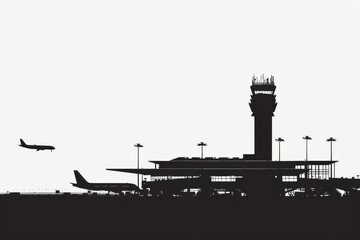 Silhouette of an airport terminal at dusk
