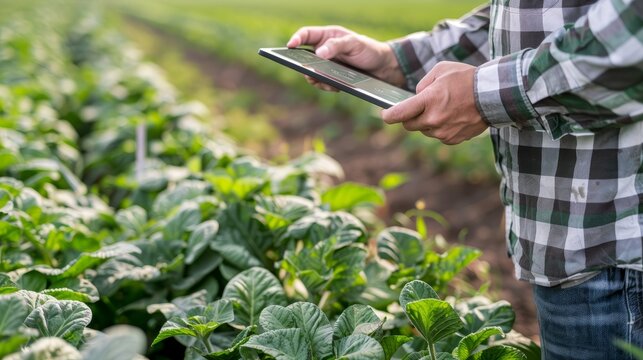 Field agronomist logs digital data on tablet while monitoring crop growth in the field, agronomist, tablet, crop