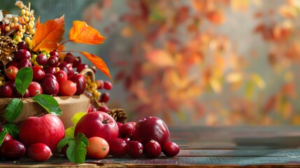 Fresh autumn fruits and colorful foliage on a rustic wooden table, creating a warm and vibrant...