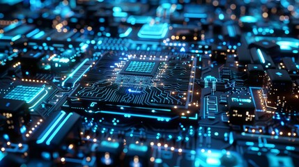 Obraz premium Close-up of intricate circuits inside an AI processing unit, illuminated by cool blue lights.