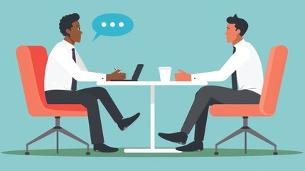 Job interview conversation. HR manager and employee candidate meeting and talking. Man and woman sitting at table and discussing career. Business or human resource concept