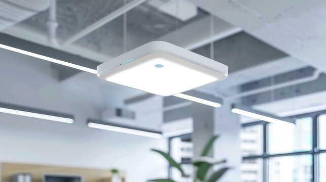 Ceiling-mounted wireless access point with sleek design, status lights in focus, modern office backdrop