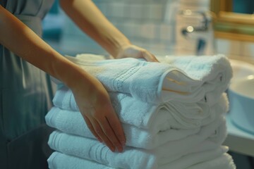 Obraz premium Professional housekeeping chambermaid arranging fresh towels in high quality hotel room close up