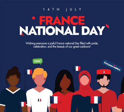 France National Day. 14th July Happy Bastille Day or France National Day greeting social media web banner design template with a group of diverse people with French Flags stock illustration. - Powered by Adobe