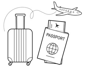 Set of elements for design on the theme of traveling.   Outline illustration  isolated on white background. 