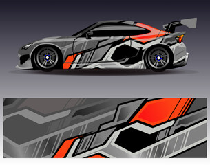 Fototapeta premium Car wrap design vector.Graphic abstract stripe racing background designs for vehicle, rally, race, adventure and car racing livery
