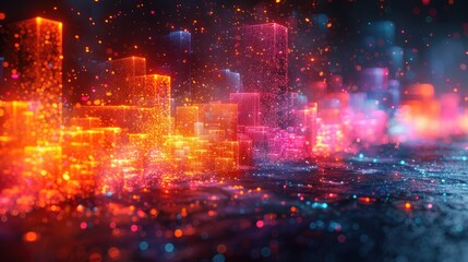 Futuristic cityscape with glowing neon lights and digital particles, suitable for sci-fi and tech visuals