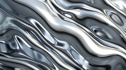 3D silver and platinum liquid metal flow forms dynamic, fluid, reflective surface background.