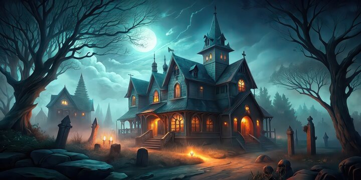 A spooky haunted house in a Western mansion with ghosts, demons, and a graveyard , haunted, mansion, ghosts, demons, horror, game, cemetery, Halloween, Western, spooky, eerie, creepy, abandoned