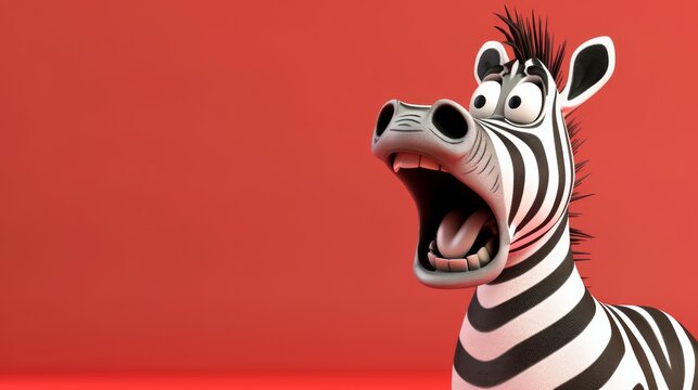Cute cartoon zebra is excited and shocked, isolated on red background. 3D illustration.