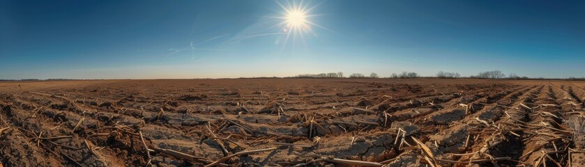 Panoramic view of a dry, harvested cornfield under a bright blue sky with the sun shining overhead in a rural, agricultural landscape.