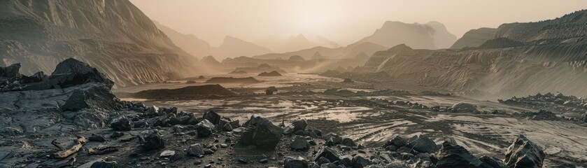 Panoramic view of a Martian landscape with rocky terrain and a hazy sky, depicting an extraterrestrial environment during sunset.