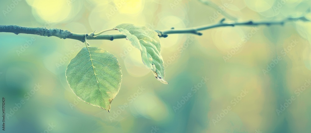 Wall mural Fresh green leaf with a soft pastel background and plenty of copyspace