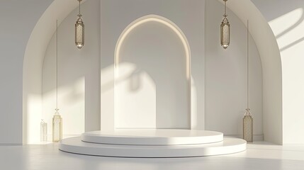 Elegant white podium stage with arched designs and lanterns, perfect for grand ceremonies and islamic events