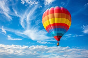 Naklejka premium Colorful hot air balloon ascending high in clear blue sky, perfect for adventurous escapades