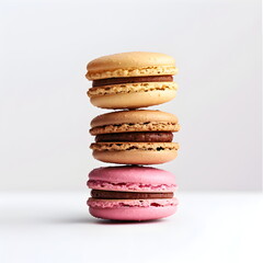 Four falling colorful yellow, pink and brown macarons isolated on a white background. Sweet and colorful French macarons.