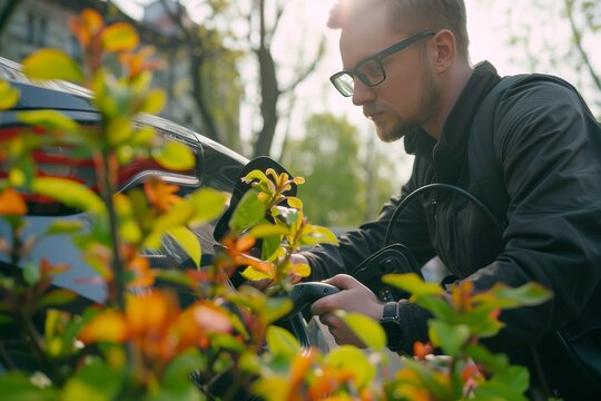 Man charging electric car in green city park  sustainable urban travel lifestyle