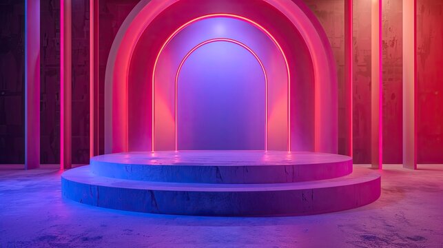 Neon podium stage with vibrant vivid pink and blue, ideal for gaming presentation, events, and digital showcases