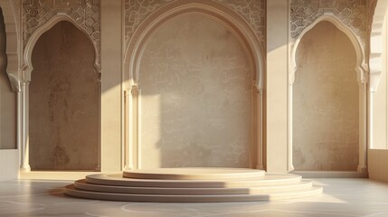 Obraz premium islamic podium stage with intricate archways and beige textures under soft light