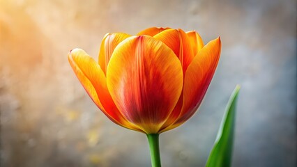 Fototapeta premium Vibrant orange-yellow tulip in full bloom against a neutral background, emphasizing its colors and with soft lighting , Tulip, bloom, vibrant, orange, yellow, petals, green, stem