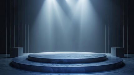 Minimalistic stage soft blue lights, set in a sleek, dark environment, creating a futuristic and presentation