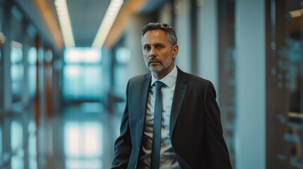 Middle-aged businessman, company boss wearing a white shirt, black suit, walking proudly in the office.