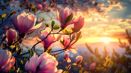 Beautiful magnolia tree blossoms in springtime at sunset