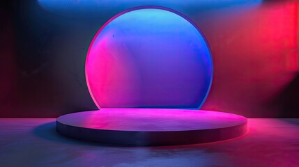 Obraz premium Vibrant podium stage with bold blue and pink neon lights and modern design for pressentation, empty podium