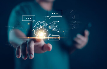 AI creates communication systems People using intelligent robot technology Artificial intelligence, robots, bot programs, and digital business Company develop information future technology