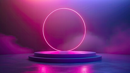 Obraz premium Vibrant podium stage with bold blue and pink neon lights and modern design for pressentation, empty podium