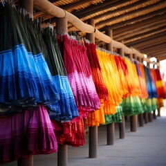 Bright traditional Mexican skirts hanging in a bright festive cultural bazaar