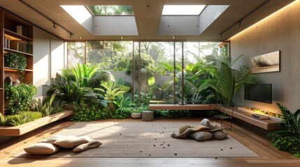 Fototapeta premium Design a detailed rendering of a modern workspace where Reverse Grow Lights are used for indoor plant growth