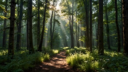 The serenity of a forest clearing, dappled with sunlight filtering through tall, swaying trees  ai_geneated