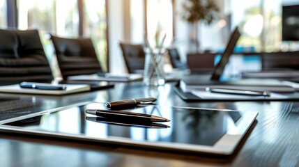 Obraz premium Close-up of a stylish executive meeting table set with digital tablets, notepads, and fine pens