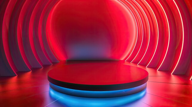Red neon stage with circular design and vibrant lighting, suitable for dynamic presentations, artistic events, and modern showcases