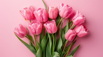 Obraz premium Bouquet of Pink Tulips on Pastel Pink Background for Valentine's Day, Easter, Birthday | Spring Flowers Flat Lay with Copy Space