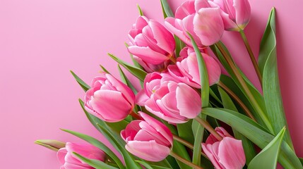 Obraz premium Bouquet of Pink Tulips on Pastel Pink Background for Valentine's Day, Easter, Birthday | Spring Flowers Flat Lay with Copy Space