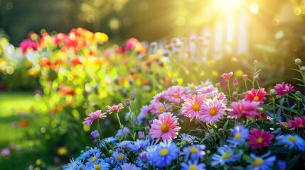 Obraz premium Vibrant Flower Garden with Blooming Asters and Various Flowers in Sunlit Landscape Design