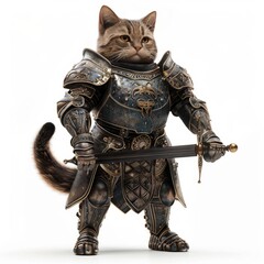 Fototapeta premium Majestic Feline Knight in Shining Armor - Medieval Fantasy Art with Metallic Tones on White Background