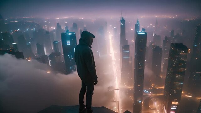 Man Standing Above Foggy Metropolitan Skyline at Night Generative AI