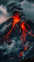 A volcano with lava flowing out of it.