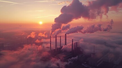 Fototapeta premium Drone photo of dense smoke rising from factory stacks at dawn, highlighting environmental impact